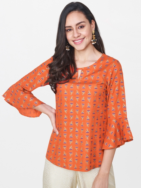 

Global Desi Women Orange Printed Top