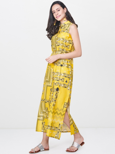 

Global Desi Women Yellow Printed Shirt Style A-Line Dress