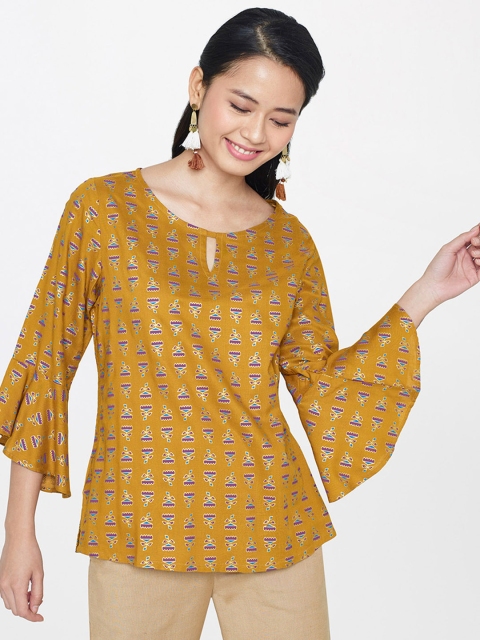 

Global Desi Women Mustard Yellow Printed Top