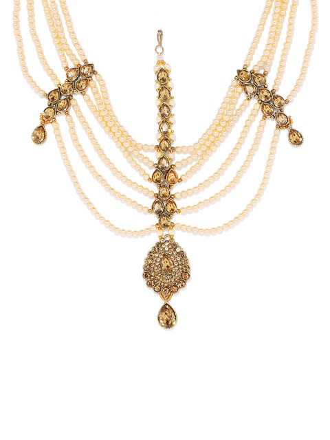 

Spargz Gold-Plated Synthetic Stone Studded & Pearls Beaded Matha Patti
