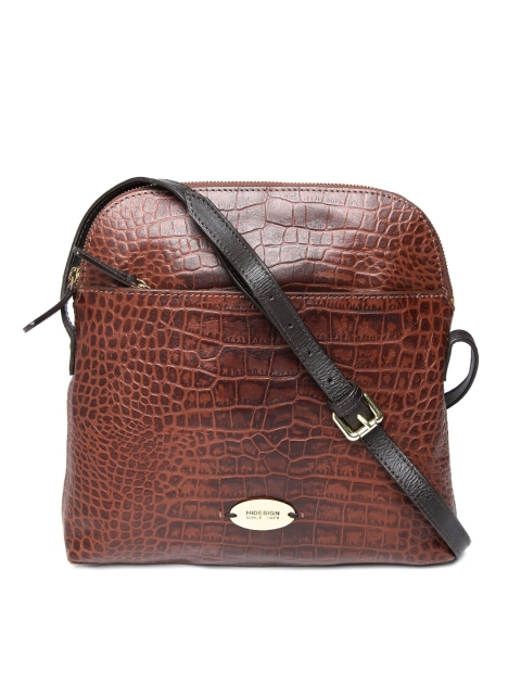 

Hidesign Brown Leather Croc Textured Sling Bag