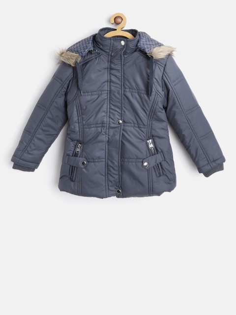 

Fort Collins Girls Navy Blue Solid Parka with Detachable Hood