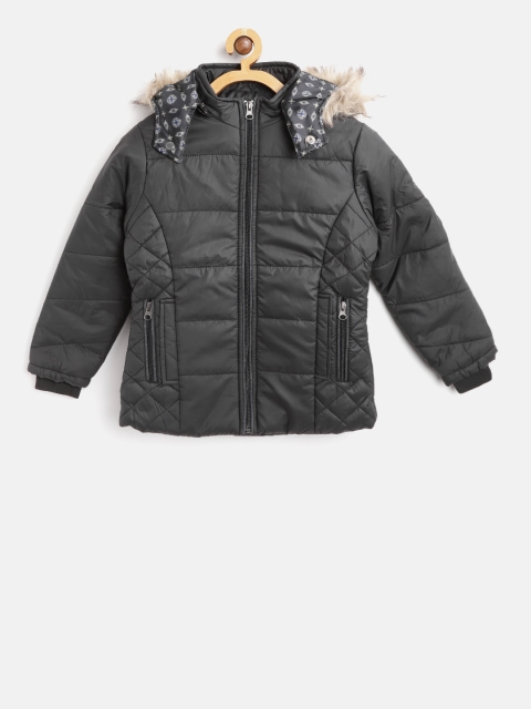

Fort Collins Girls Black Solid Parka Jacket with Detachable Hood