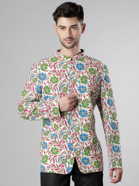 

Svanik White & Green Cotton-Linen Printed Bandhgala Blazer