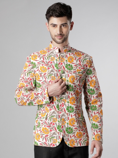 

Svanik White & Yellow Printed Single-Breasted Bandhgala Blazer