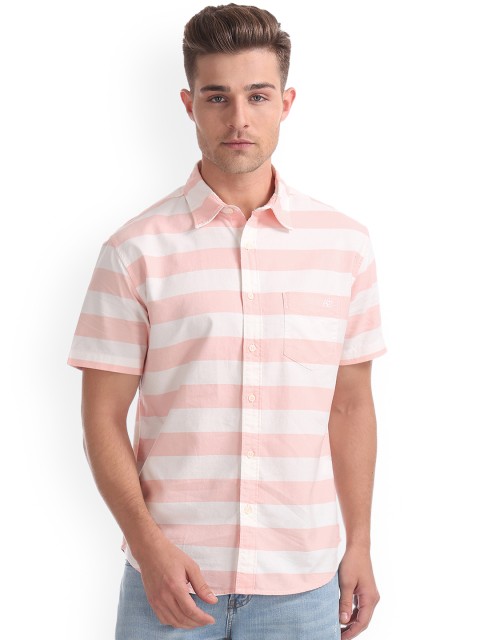 

Aeropostale Men Pink & White Regular Fit Striped Casual Shirt