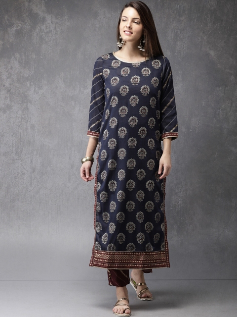 

Anouk Women Navy Blue & Maroon Printed Kurta with Trousers