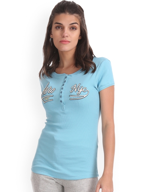 

Aeropostale Women Blue Printed Henley Neck T-shirt