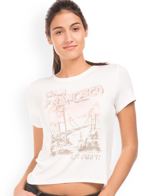 

Aeropostale Women White Printed Round Neck Crop T-shirt