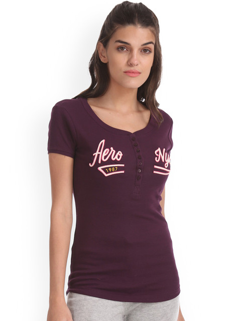 

Aeropostale Women Red Printed Henley Neck T-shirt