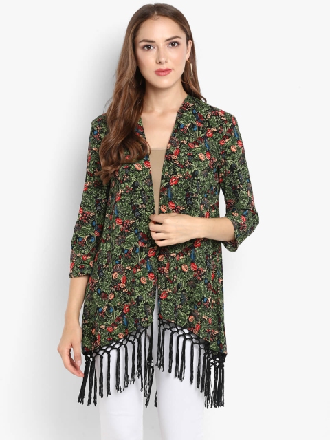 

Chumbak Green & Coral Pink Printed Open Front Shrug