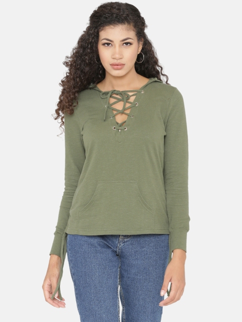 

Yaadleen Women Olive Green Solid Hooded Sweatshirt
