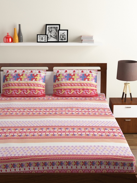 

BOMBAY DYEING Red & Purple Floral 130 TC Polycotton 1 Double Bedsheet with 2 Pillow Covers