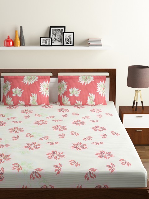 

BOMBAY DYEING Orange & White Floral 130 TC Polycotton 1 Double Bedsheet 2 Pillow Covers
