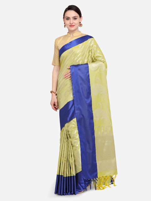

Varkala Silk Sarees Yellow & Silver-Coloured Silk Blend Woven Design Leheriya Saree