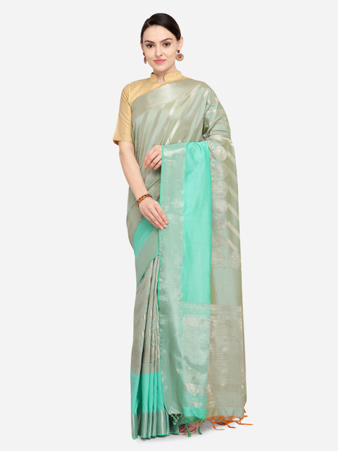 

Varkala Silk Sarees Grey & Sea Green Silk Blend Woven Design Leheriya Saree