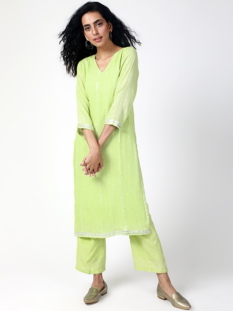 

trueBrowns Women Green Self Design Kurti with Trousers