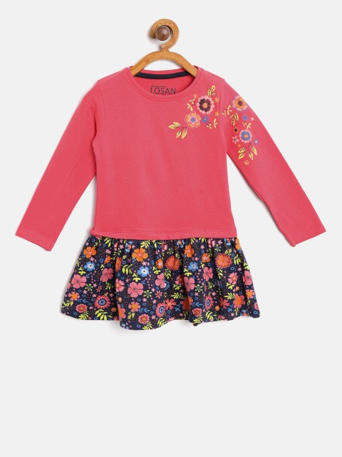 

Losan Girls Pink & Navy Floral Print Drop-Waist Dress
