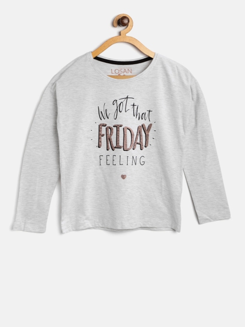 

Losan Girls Grey Melange Printed Round Neck T-shirt