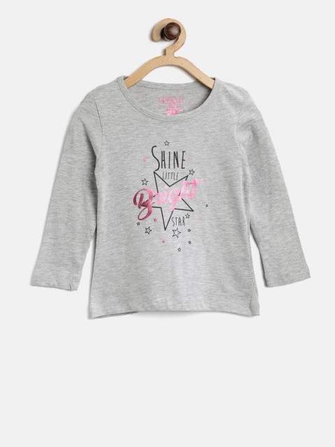 

Losan Girls Grey Melange Printed Round Neck T-shirt