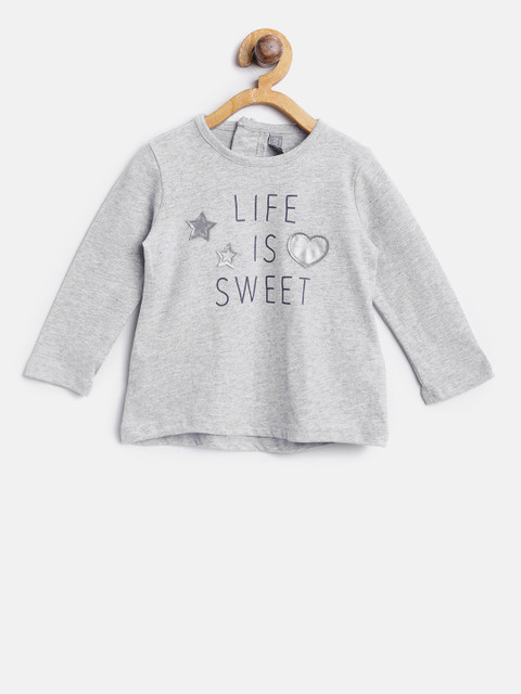 

Losan Girls Grey Melange Printed Round Neck T-shirt