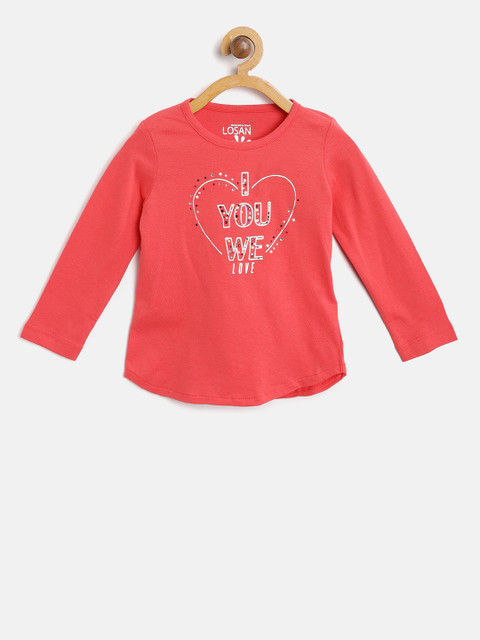 

Losan Girls Coral Red Printed Round Neck T-shirt with Embellished Detail