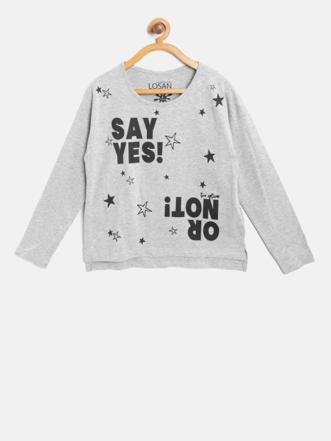 

Losan Girls Grey Melange Printed Round Neck T-shirt