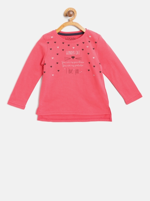 

Losan Girls Coral Pink Printed Round Neck T-shirt