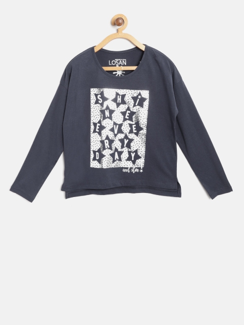 

Losan Girls Navy Blue & Silver Printed Round Neck T-shirt