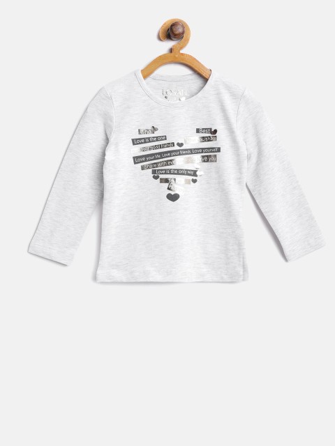 

Losan Girls Grey Melange Printed Round Neck T-shirt
