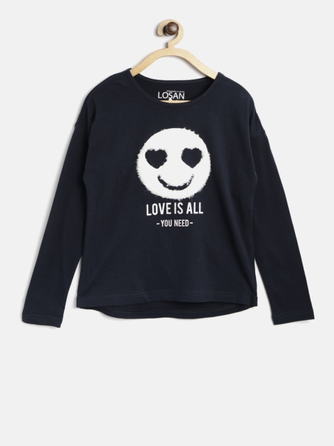 

Losan Girls Navy Blue Printed Round Neck T-shirt