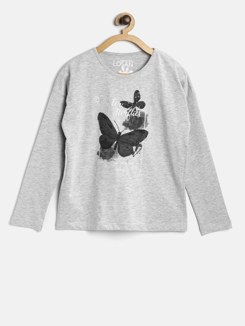 

Losan Girls Grey Melange Printed Round Neck T-shirt