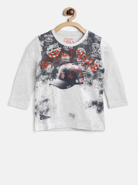 

Losan Boys Grey Melange & Navy Blue Printed Round Neck T-shirt