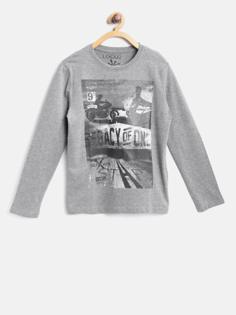 

Losan Boys Grey Melange Printed Round Neck T-shirt