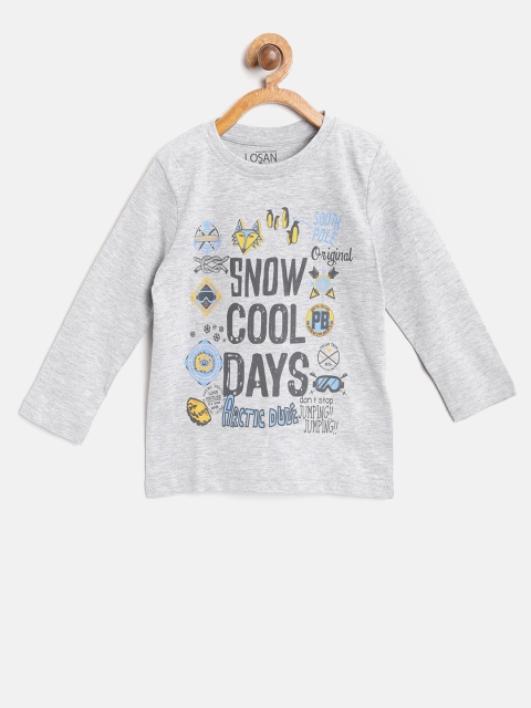 

Losan Boys Grey Melange Printed Round Neck T-shirt
