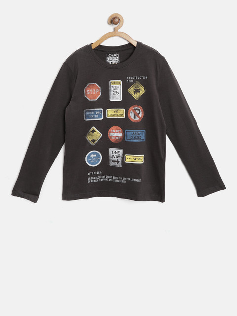 

Losan Boys Charcoal Grey Printed Round Neck T-shirt