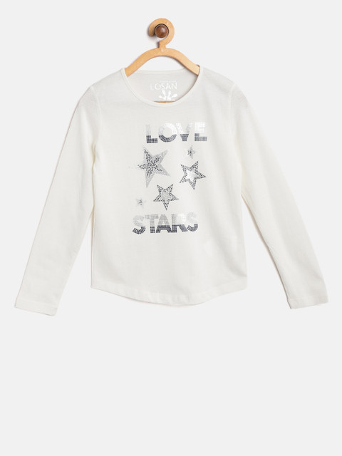 

Losan Girls Off-White Printed Round Neck T-shirt