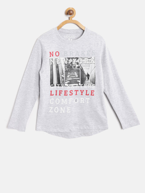 

Losan Boys Grey Melange Printed Round Neck T-shirt
