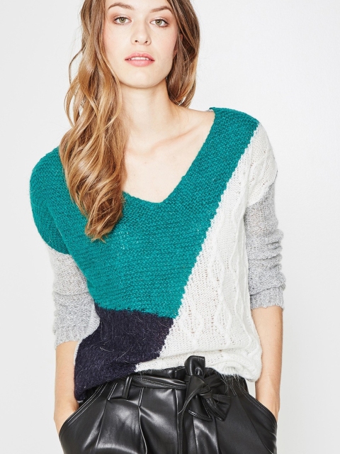 

promod Women Green & White Colourblocked Pullover Sweater
