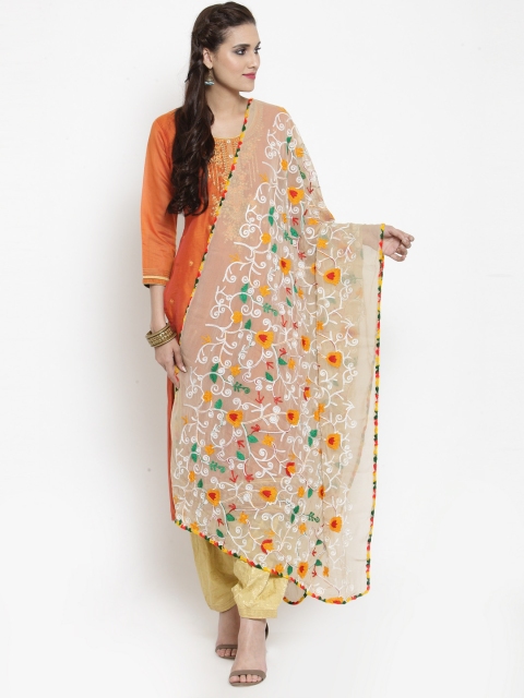 

mf Cream-Coloured & White Embroidered Phulkari Work Dupatta