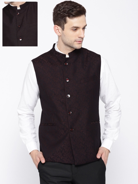 

Van Heusen Men Black & Coffee Brown Reversible Slim Fit Woven Design Nehru Jacket