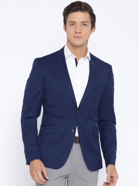 

V Dot Men Navy Blue Solid Slim Fit Single-Breasted Formal Blazer