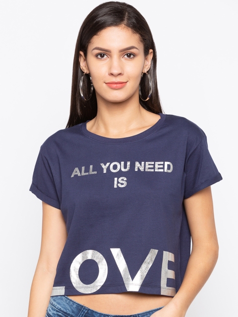 

Globus Women Navy Blue Printed Round Neck Crop T-shirt