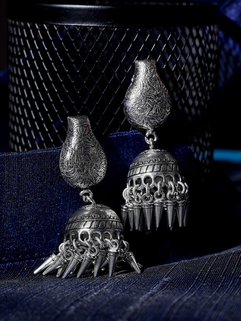 

ZeroKaata Silver-Toned Dome Shaped Oxidised Jhumkas