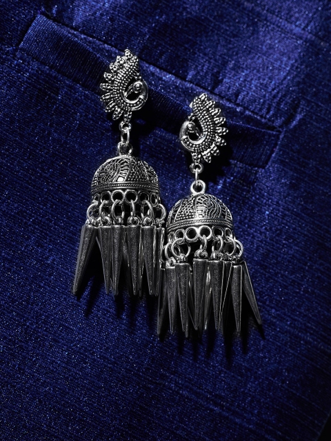 

ZeroKaata Silver-Toned Dome Shaped Oxidised Jhumkas