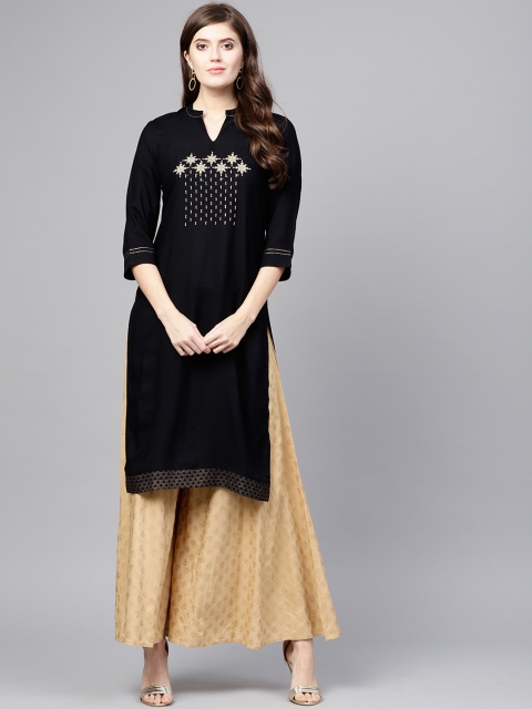 

Juniper Women Black Embroidered Straight Kurta