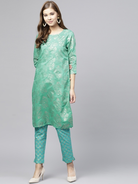 

Juniper Women Green & Gold-Toned Printed Chanderi Silk Straight Kurta