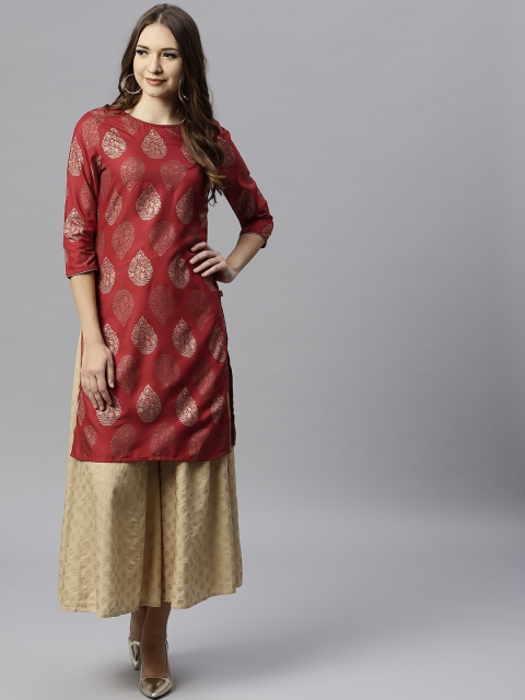 

Juniper Women Maroon & Gold-Toned Printed Straight Kurta