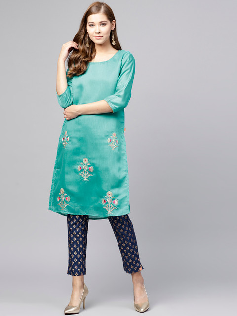

Juniper Women Green Embroidered Chanderi Silk Straight Kurta