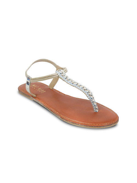 

Wet Blue Women Silver-Toned Woven Design T-Strap Flats